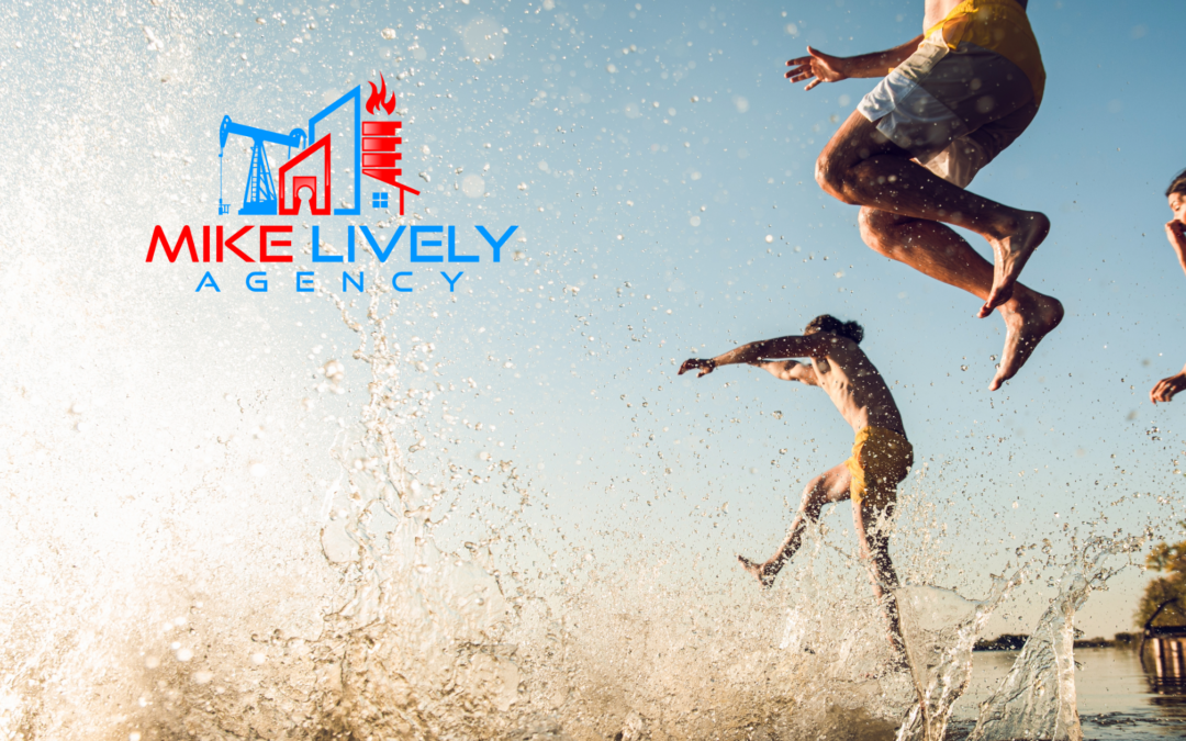 People jumping into the water on a sunny day with the Mike Lively Agency logo overlaid.