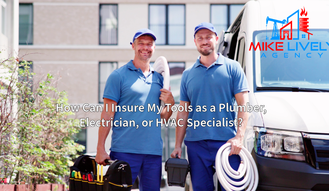 "Two smiling workers in blue uniforms holding tools and equipment, standing beside a white van with the Mike Lively Agency logo."