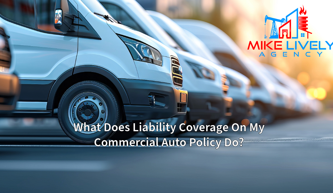 A lineup of commercial vans parked side by side, with the Mike Lively Agency logo in the upper right corner. The text 'What Does Liability Coverage On My Commercial Auto Policy Do?' is displayed across the bottom of the image.