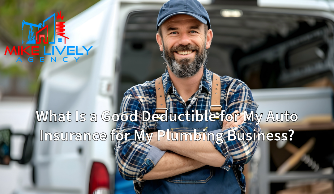 A smiling plumber standing in front of his work van, wearing a plaid shirt and apron, with the Mike Lively Agency logo in the upper left corner.