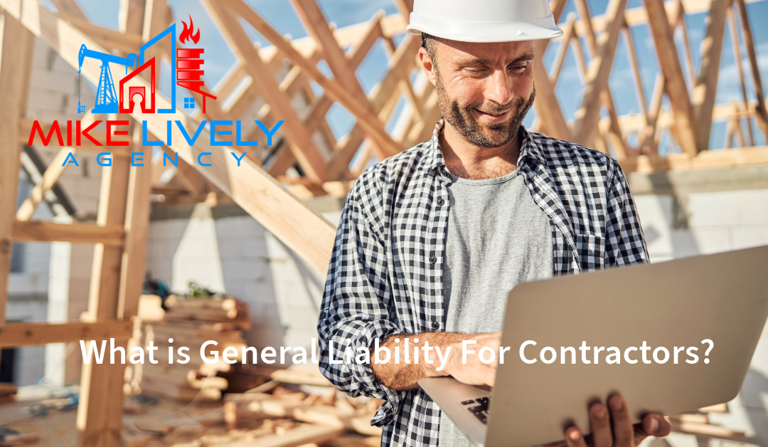 A construction worker wearing a white hard hat and checkered shirt uses a laptop at a building site with wooden framing in the background. The logo of Mike Lively Agency is displayed in the top left corner.